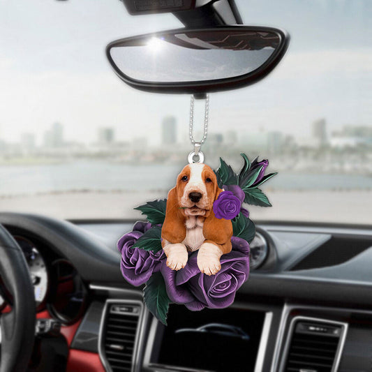 Basset Hound In Purple Rose Car Hanging Ornament