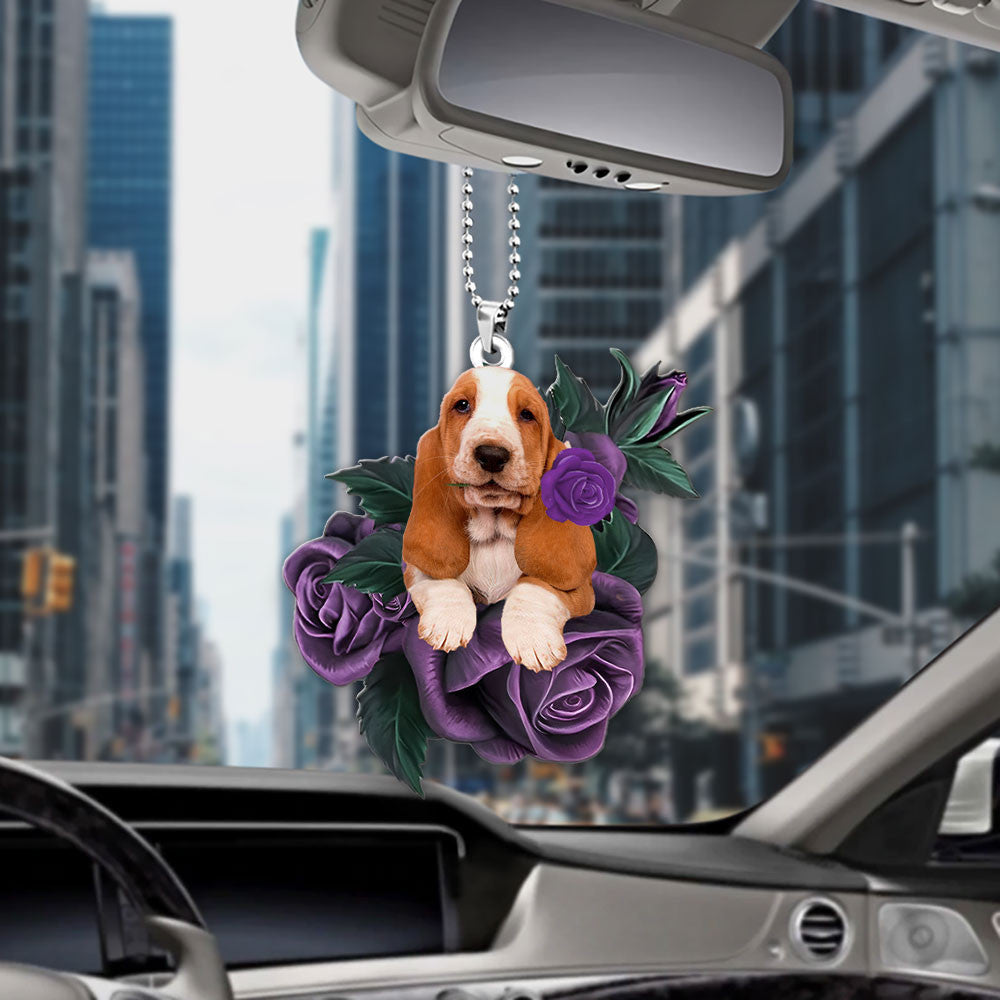 Basset Hound In Purple Rose Car Hanging Ornament