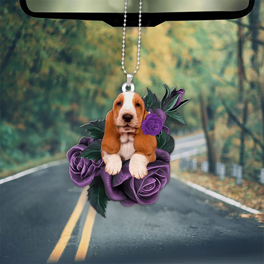 Basset Hound In Purple Rose Car Hanging Ornament