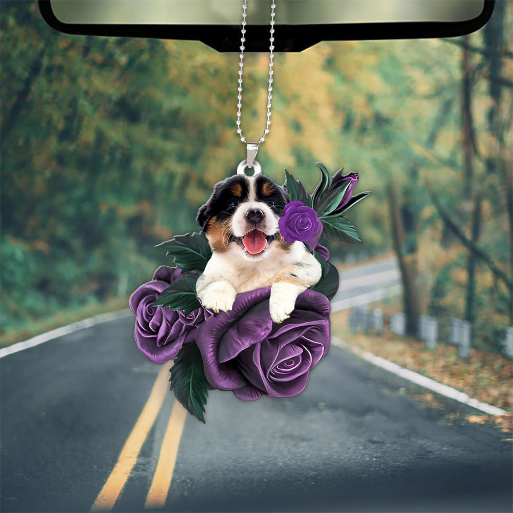 Australian Shepherd In Purple Rose Car Hanging Ornament