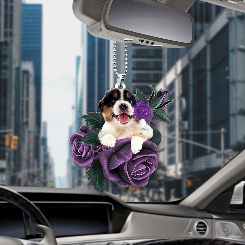 Australian Shepherd In Purple Rose Car Hanging Ornament