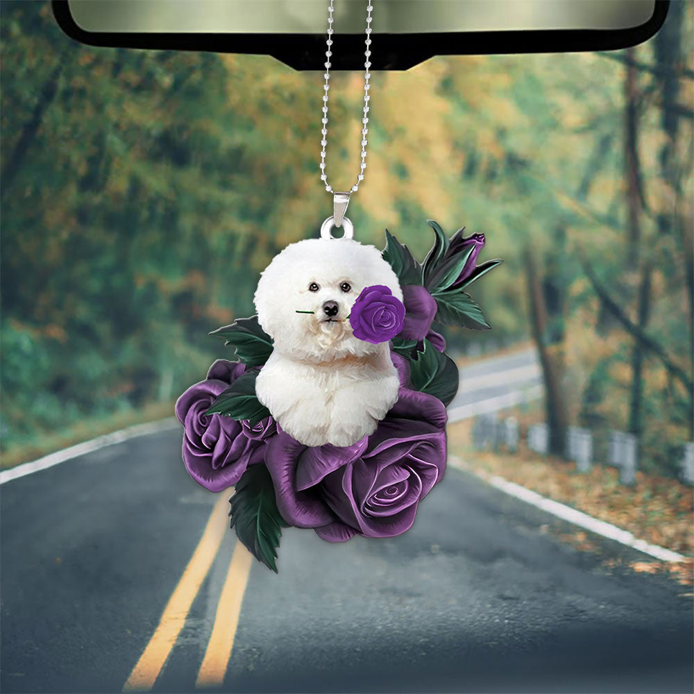 Bichon Frise In Purple Rose Car Hanging Ornament