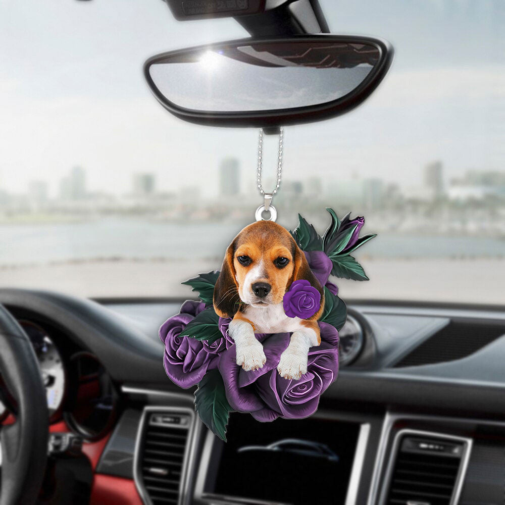 Beagle In Purple Rose Car Hanging Ornament