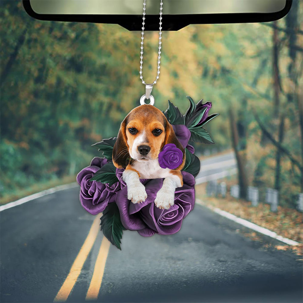 Beagle In Purple Rose Car Hanging Ornament