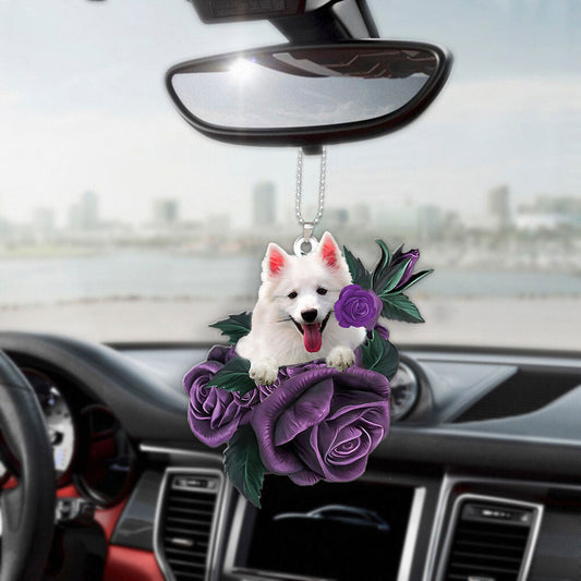 American Eskimo In Purple Rose Car Hanging Ornament