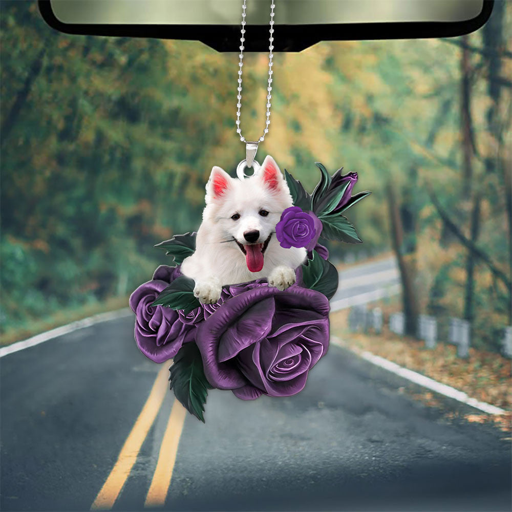 American Eskimo In Purple Rose Car Hanging Ornament