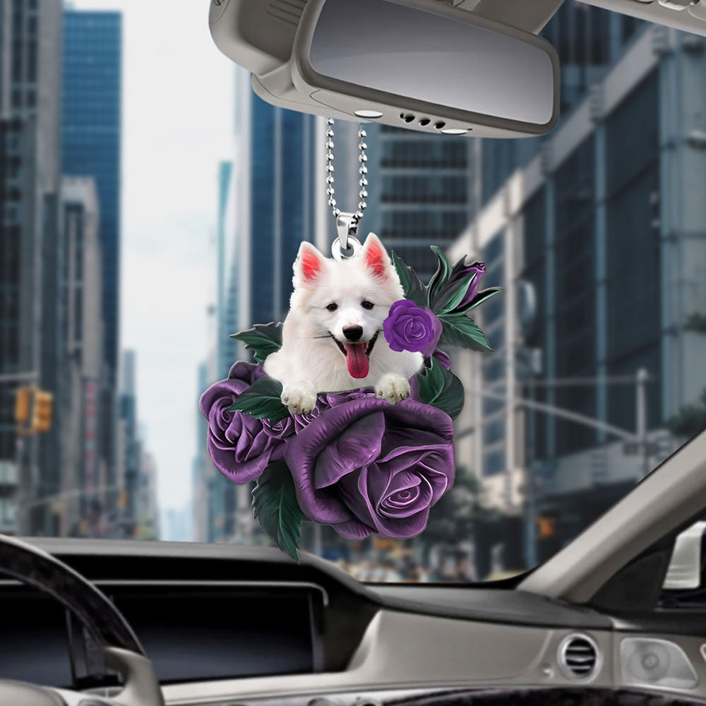 American Eskimo In Purple Rose Car Hanging Ornament