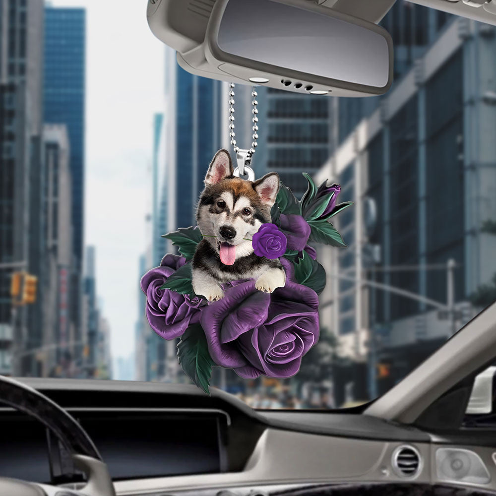 Alaskan Malamute In Purple Rose Car Hanging Ornament