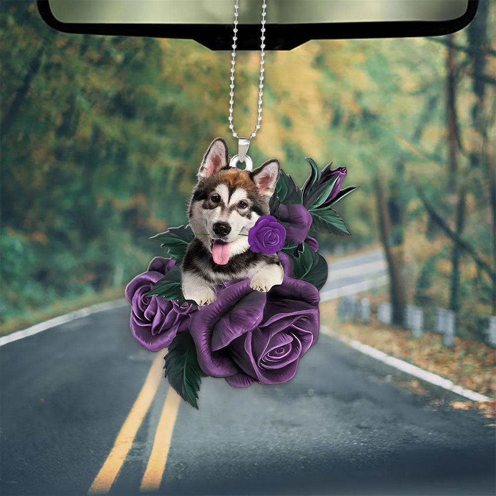 Alaskan Malamute In Purple Rose Car Hanging Ornament