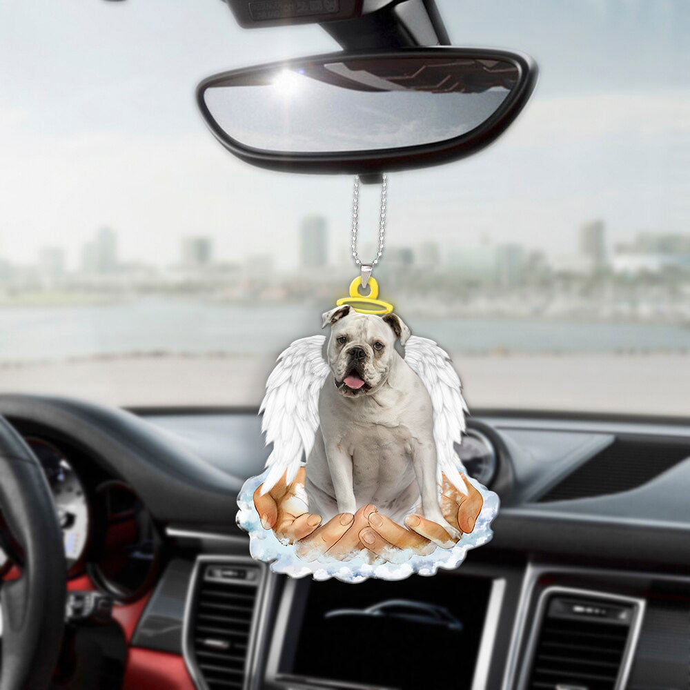 English Bulldog White In The Hands Of God Car Hanging Ornament