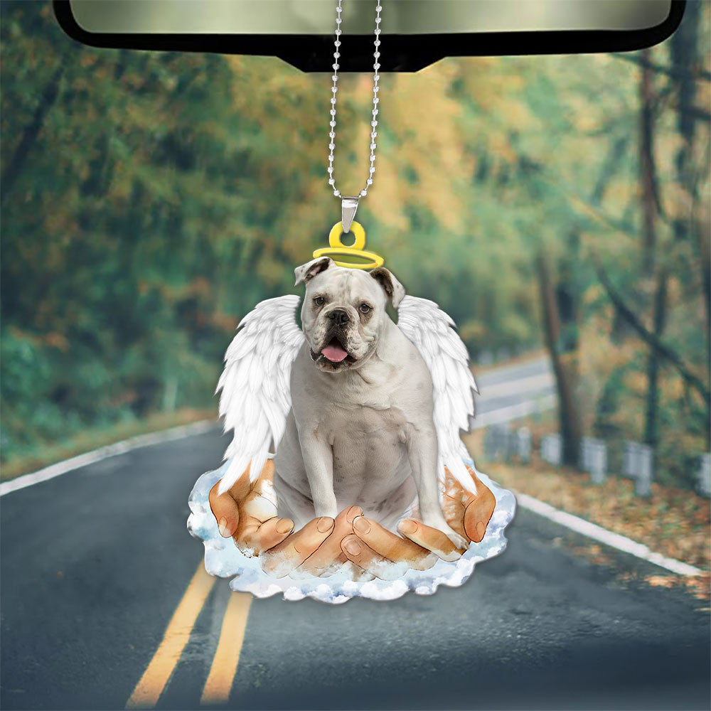 English Bulldog White In The Hands Of God Car Hanging Ornament