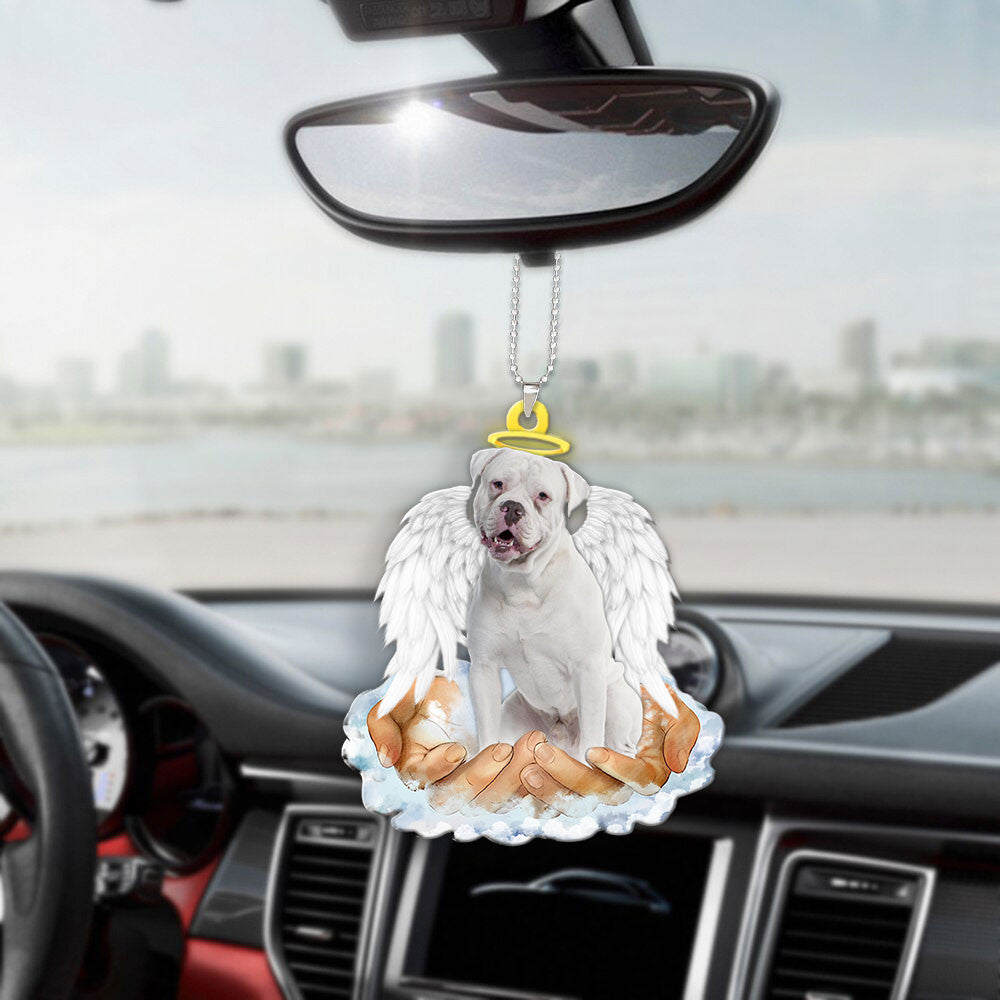 Boxer White In The Hands Of God Car Hanging Ornament