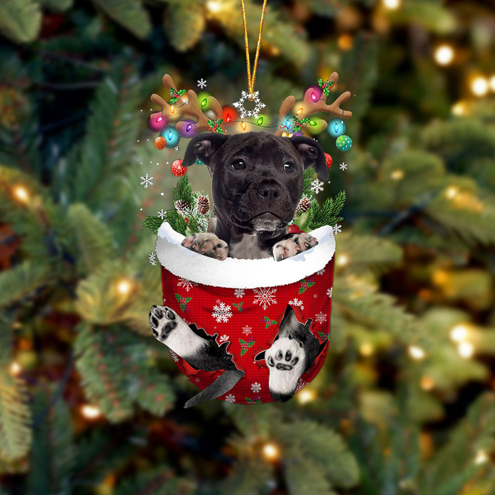 Black American Staffordshire Terrier In Snow Pocket Christmas Ornament