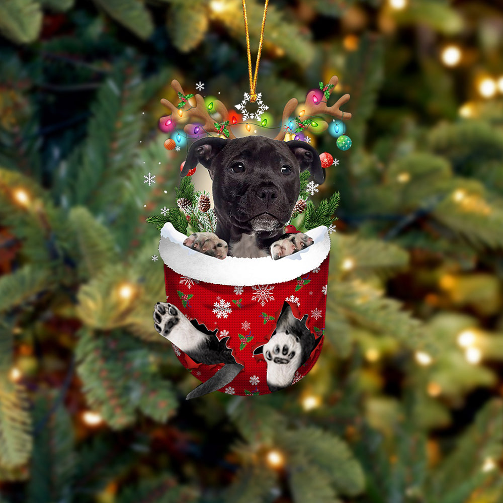 Black American Staffordshire Terrier In Snow Pocket Christmas Ornament