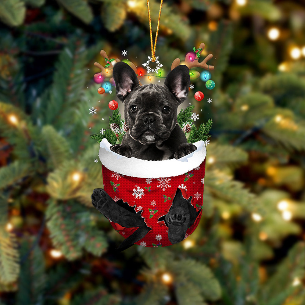 Black French Bulldog In Snow Pocket Christmas Ornament