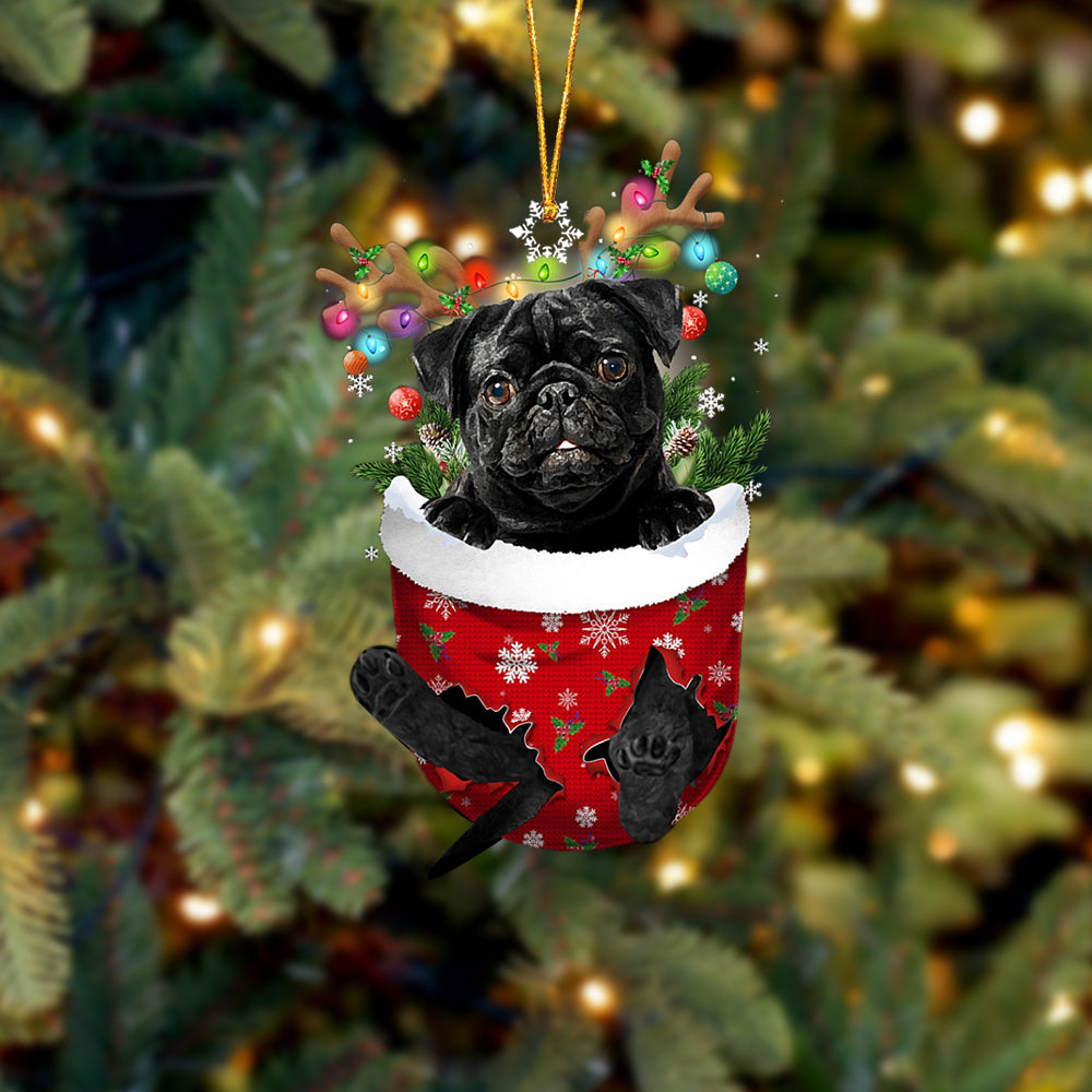 Black Pug In Snow Pocket Christmas Ornament