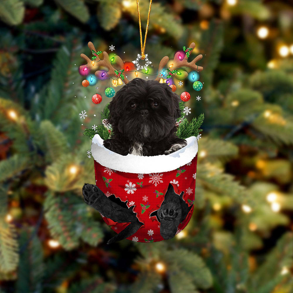 Black Shih Tzu In Snow Pocket Christmas Ornament