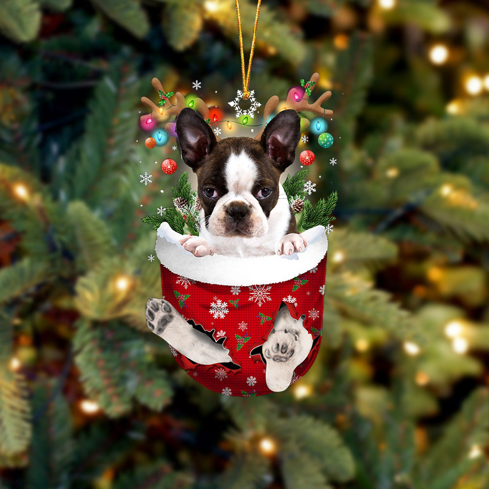 Brindle Boston Terrier In Snow Pocket Christmas Ornament