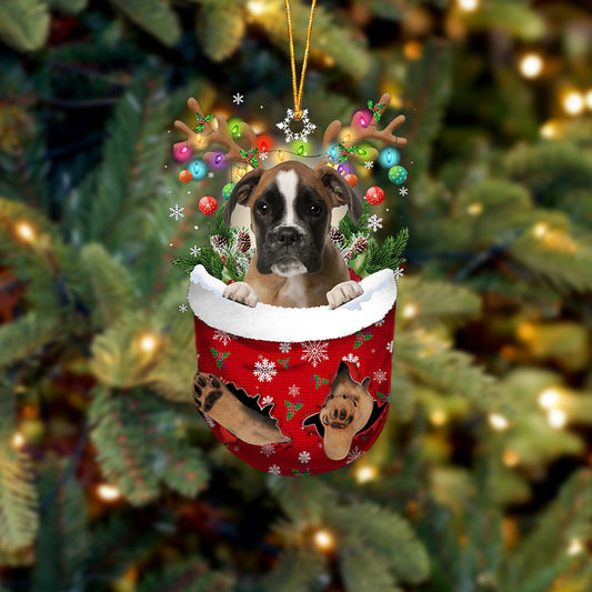 Brown Boxer In Snow Pocket Christmas Ornament