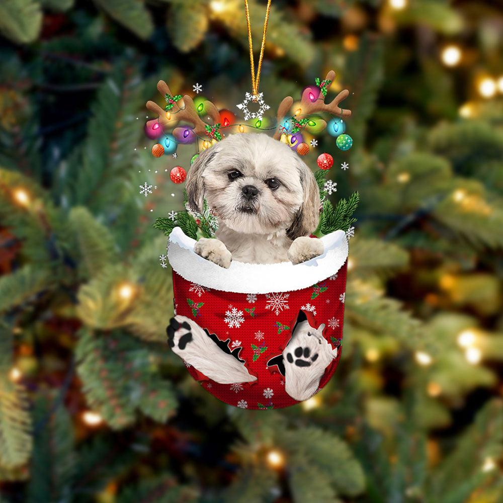 Cream Shih Tzu In Snow Pocket Christmas Ornament