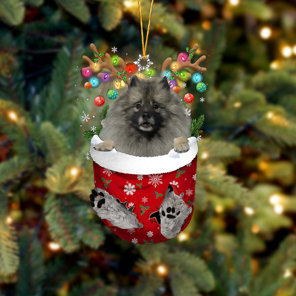 Grey Keeshond In Snow Pocket Christmas Ornament