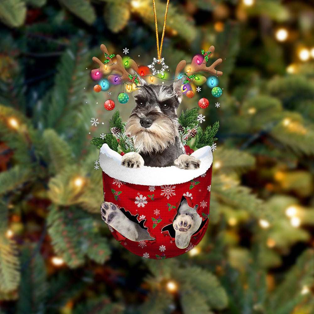 Grey Miniature Schnauzer In Snow Pocket Christmas Ornament