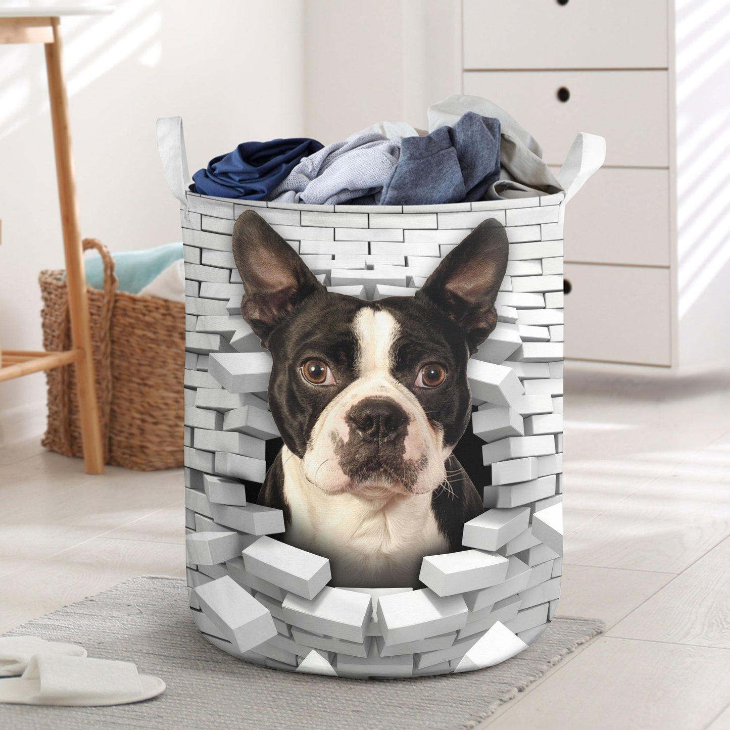 Boston Terrier - In The Hole Of Wall Pattern Laundry Basket