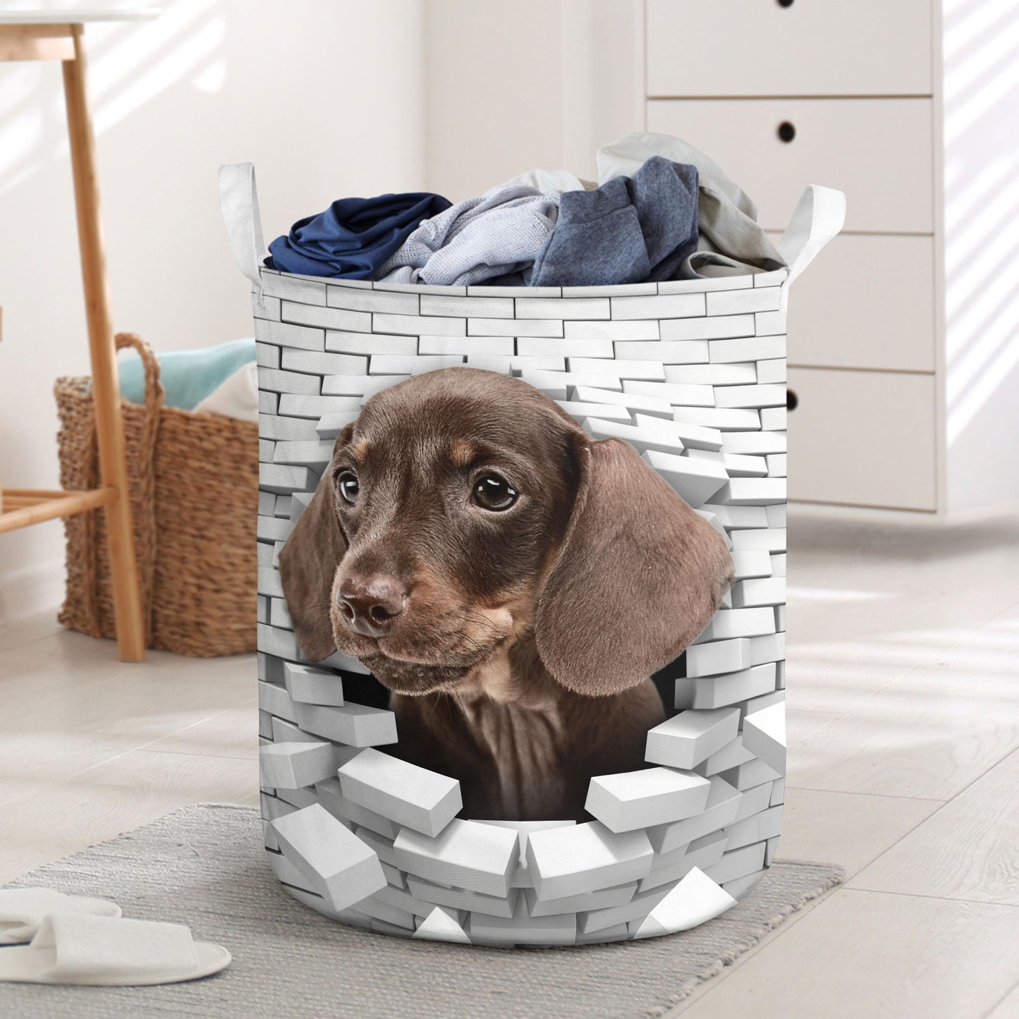 Dachshund - In The Hole Of Wall Pattern Laundry Basket