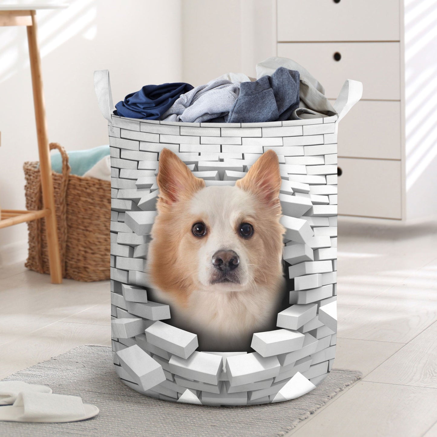 Icelandic Sheepdog - In The Hole Of Wall Pattern Laundry Basket