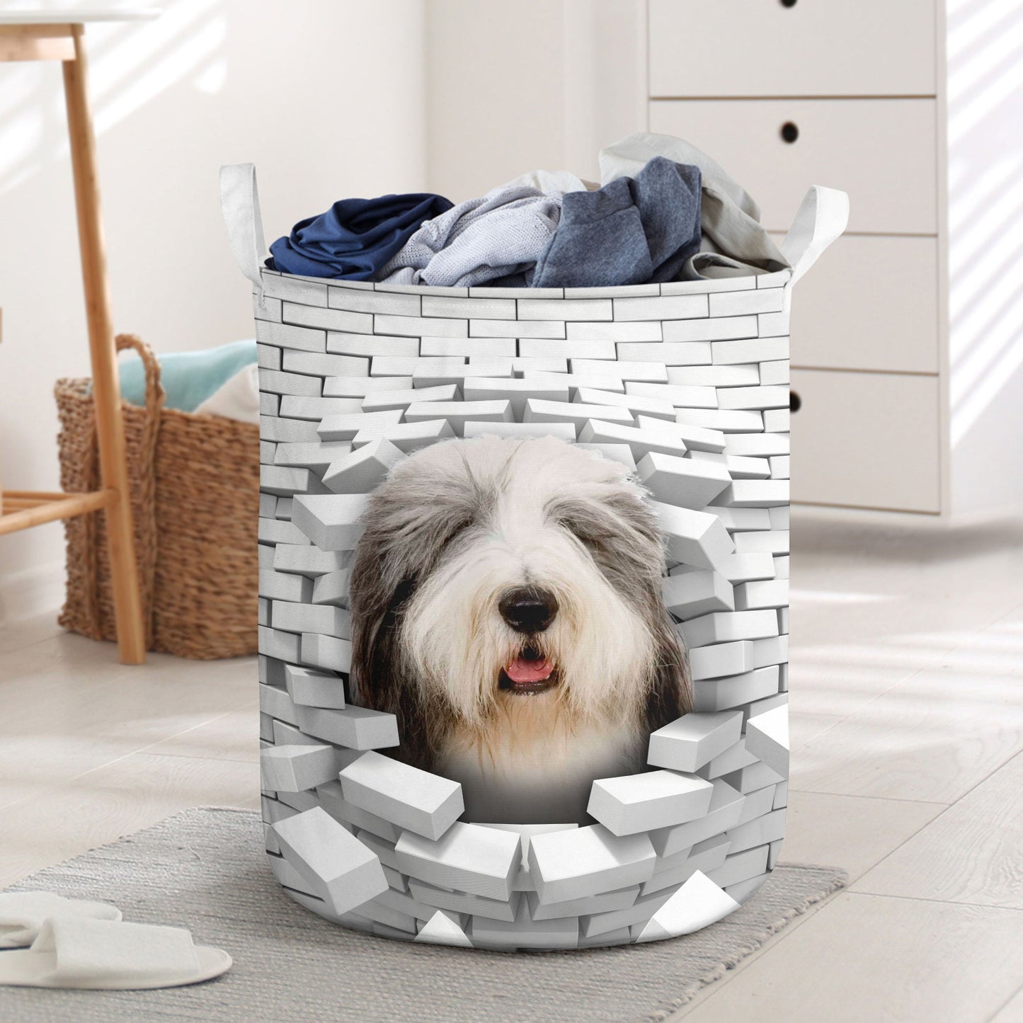 Old English Sheepdog - In The Hole Of Wall Pattern Laundry Basket