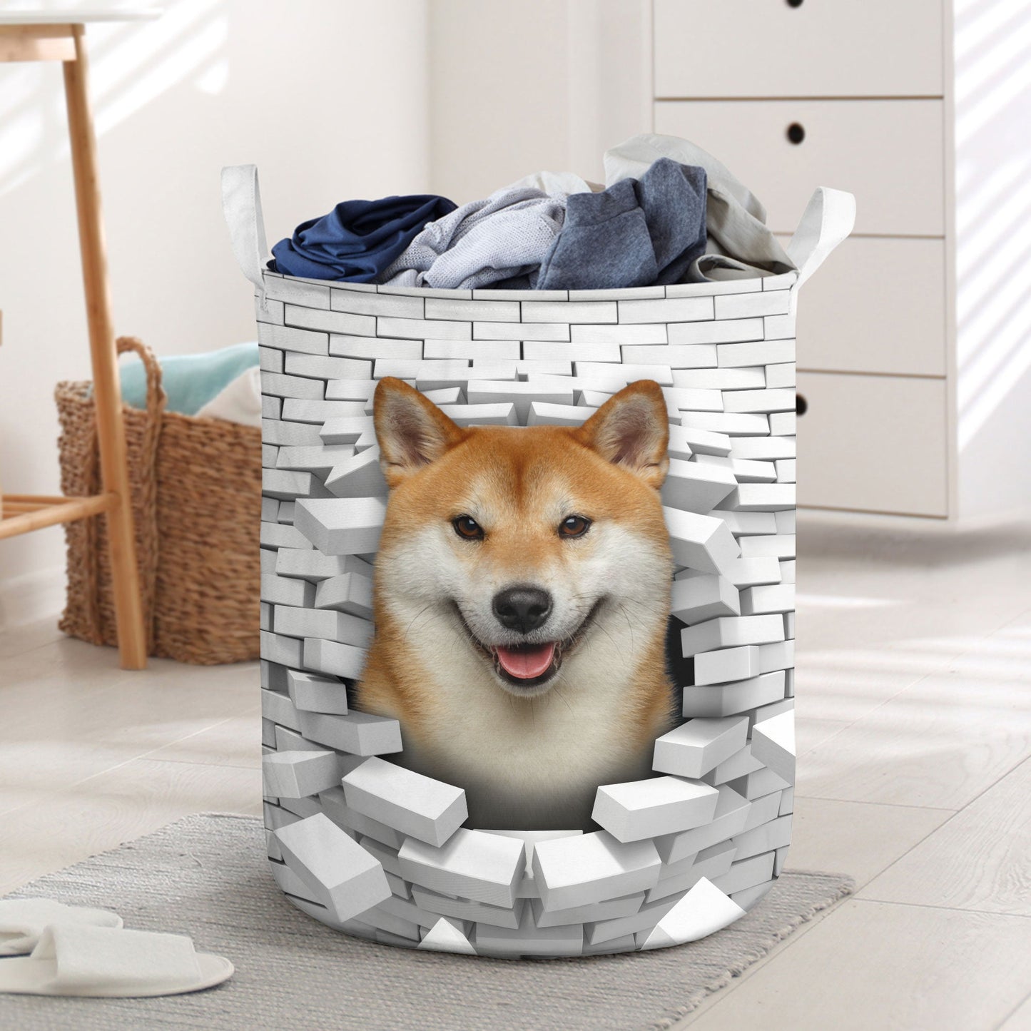 Shiba Inu - In The Hole Of Wall Pattern Laundry Basket
