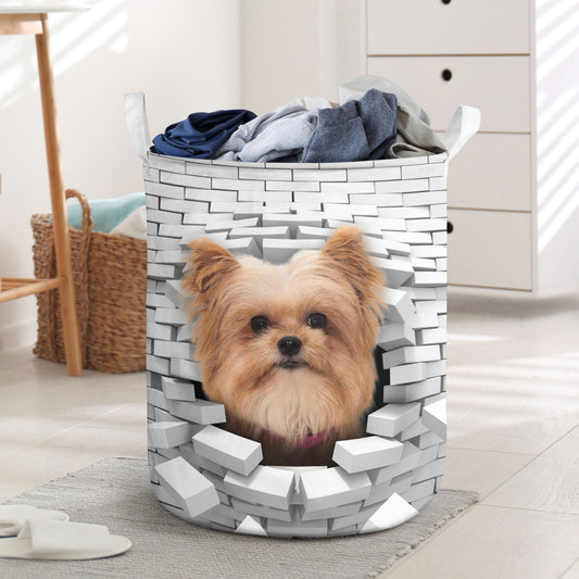 Yorkie Pom - In The Hole Of Wall Pattern Laundry Basket