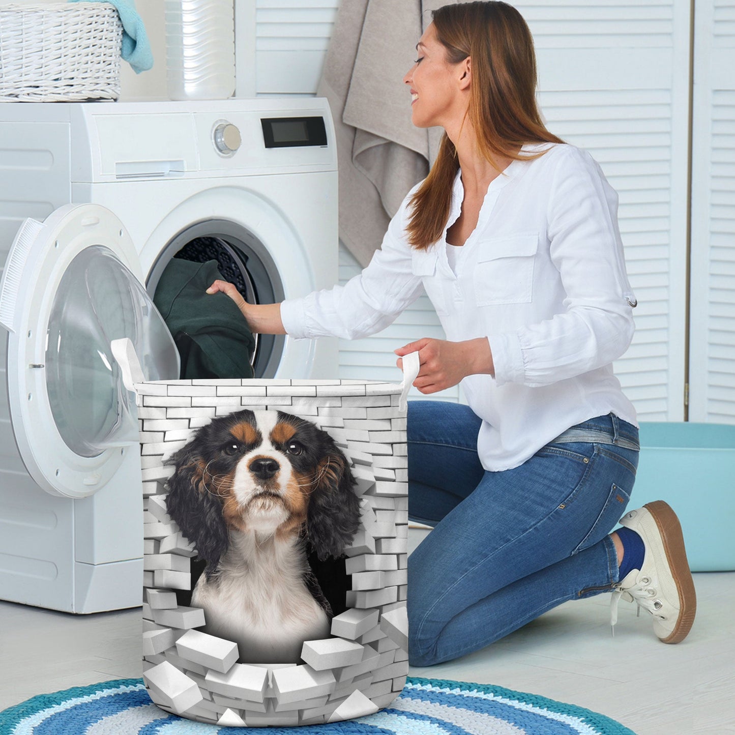 Cavalier King Charles Spaniel - In The Hole Of Wall Pattern Laundry Basket