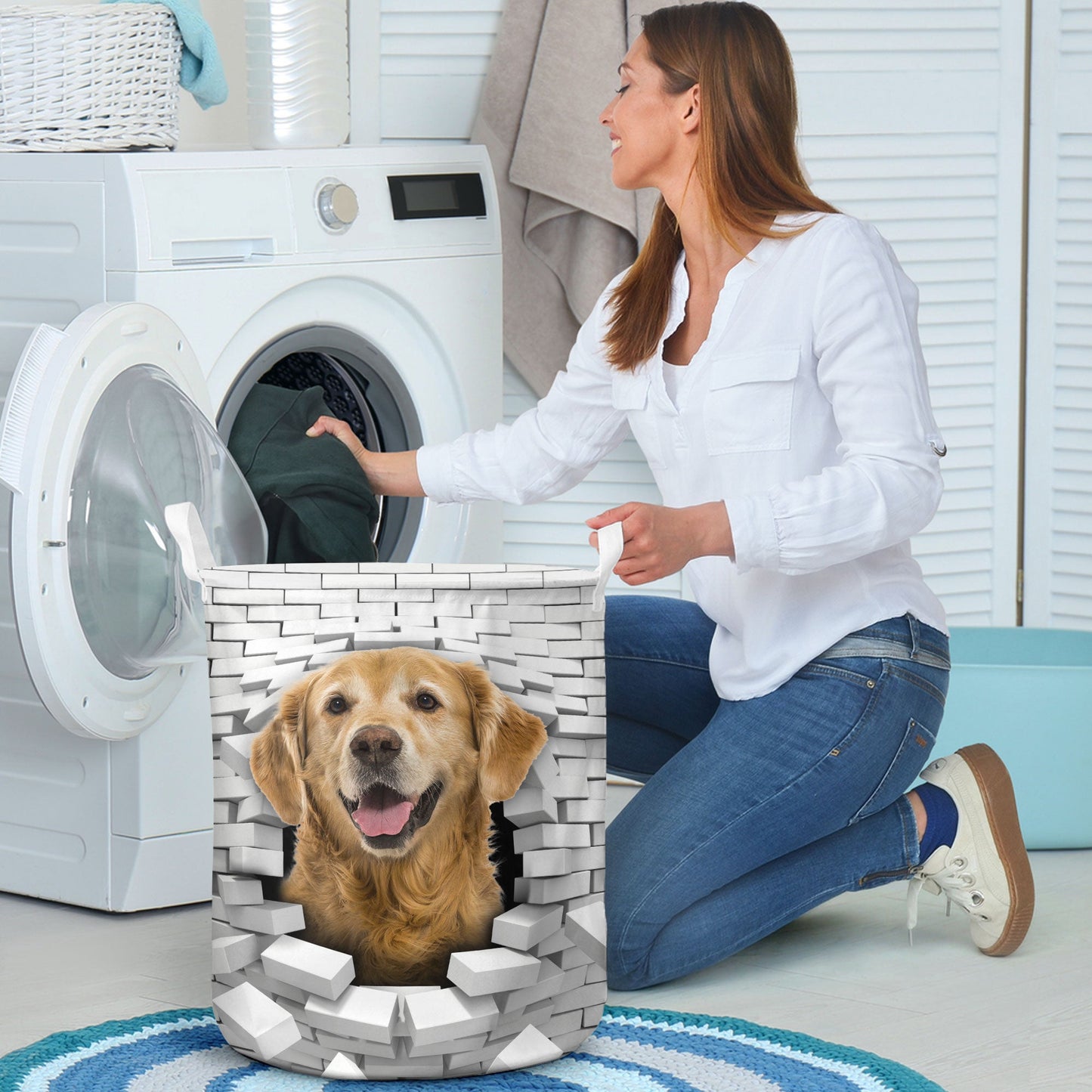 Golden Retriever - In The Hole Of Wall Pattern Laundry Basket