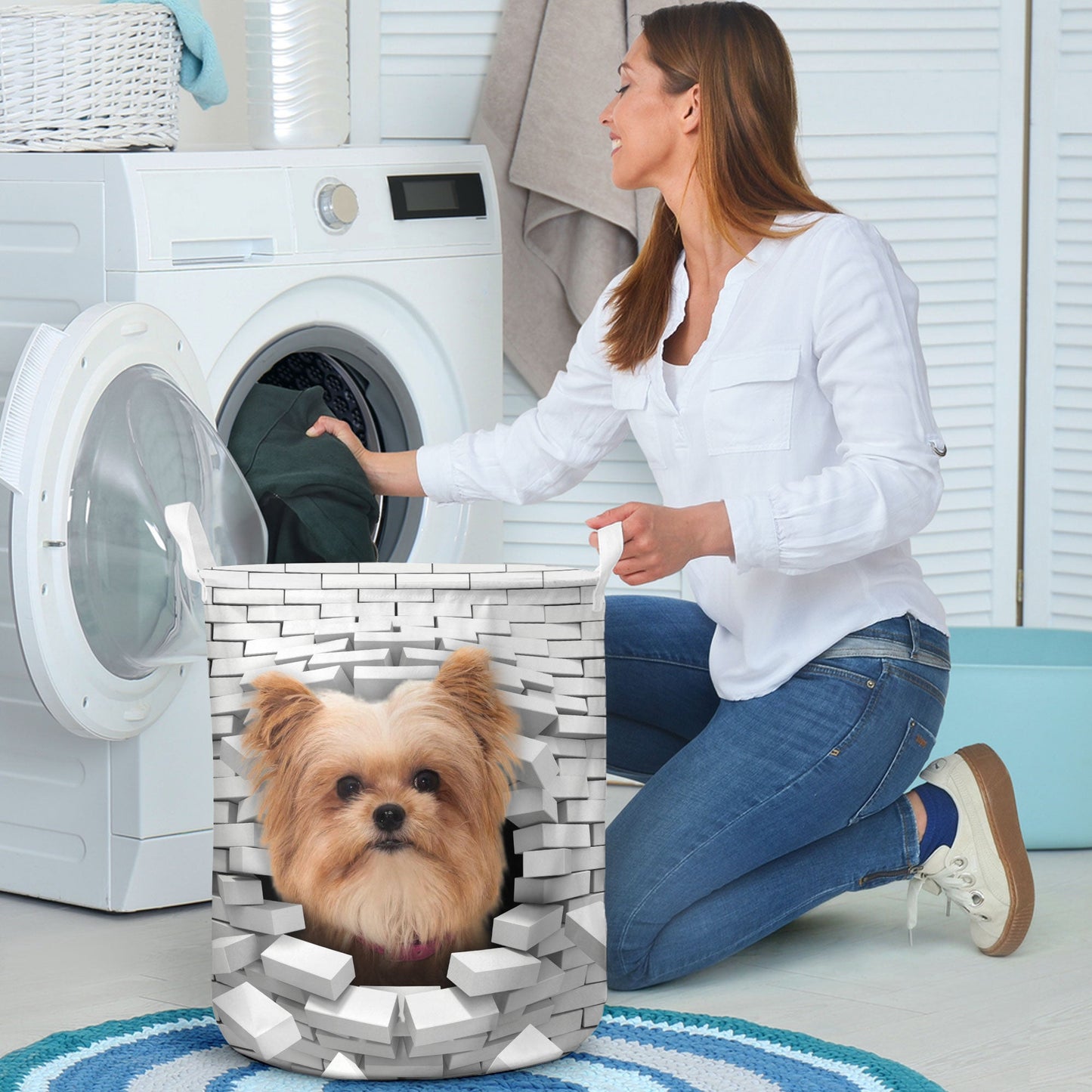 Yorkie Pom - In The Hole Of Wall Pattern Laundry Basket