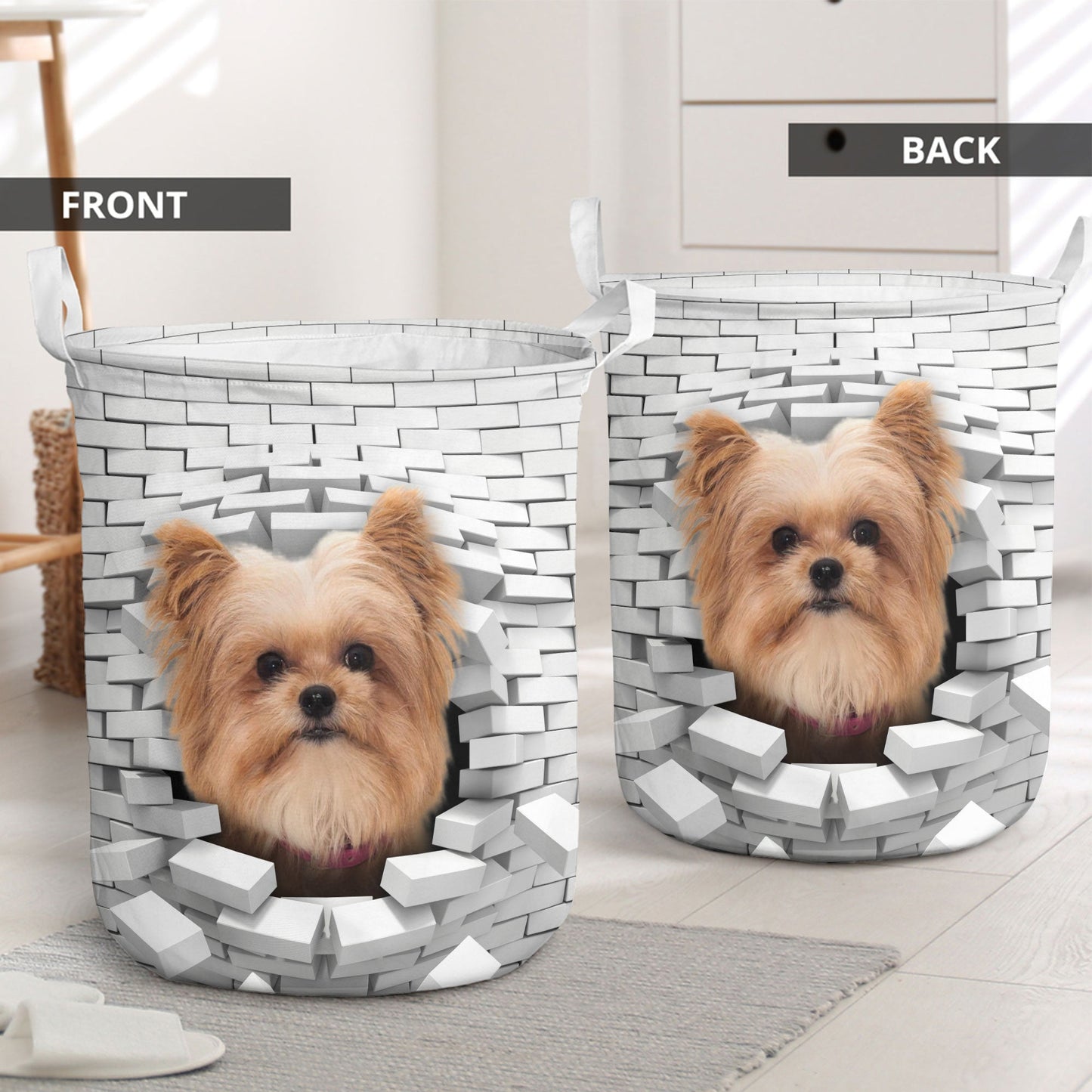 Yorkie Pom - In The Hole Of Wall Pattern Laundry Basket