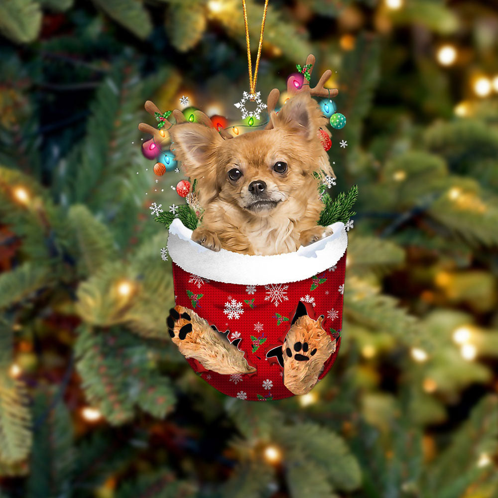 Long Haired Tan Chihuahua In Snow Pocket Christmas Ornament