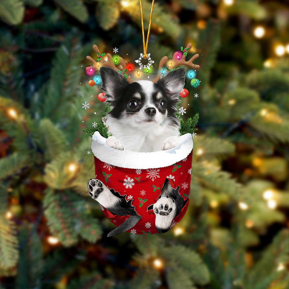 Long Haired White Chihuahua In Snow Pocket Christmas Ornament