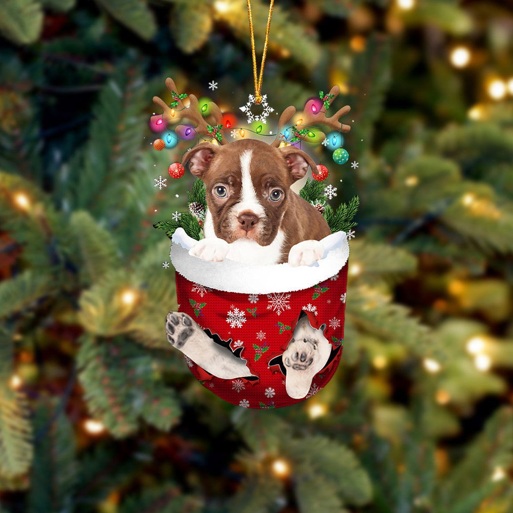 Red Boston Terrier In Snow Pocket Christmas Ornament