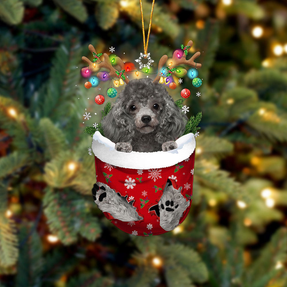 Silver Miniature Poodle In Snow Pocket Christmas Ornament