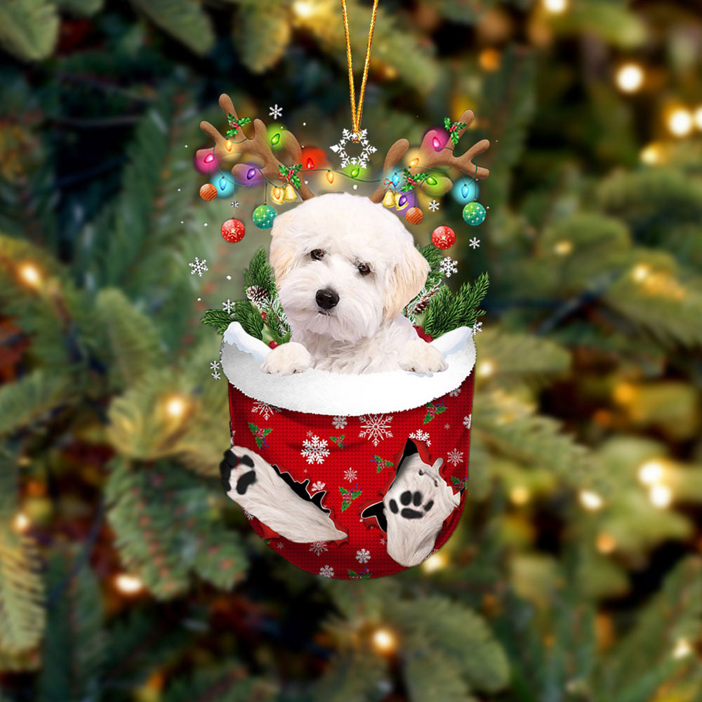 White Maltipoo In Snow Pocket Christmas Ornament