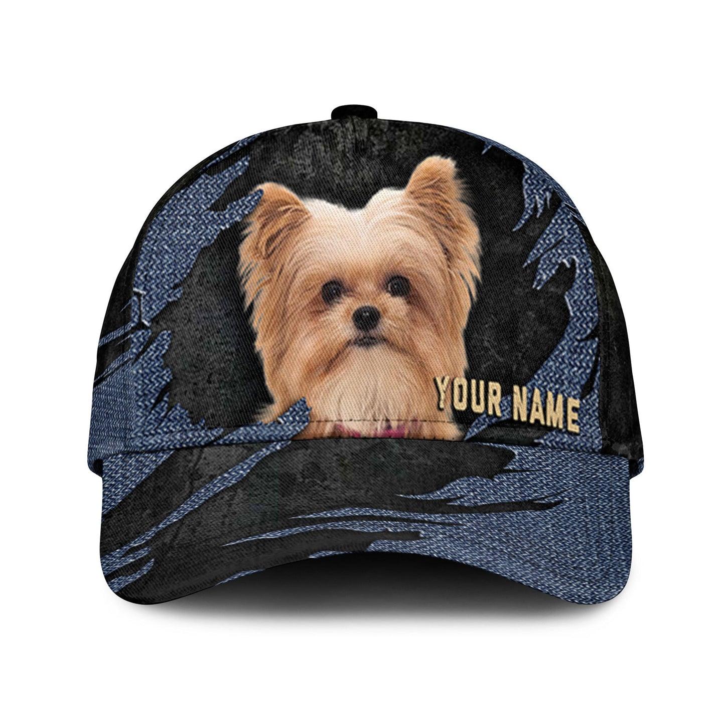 Yorkie Pom - Jean Background Custom Name Cap