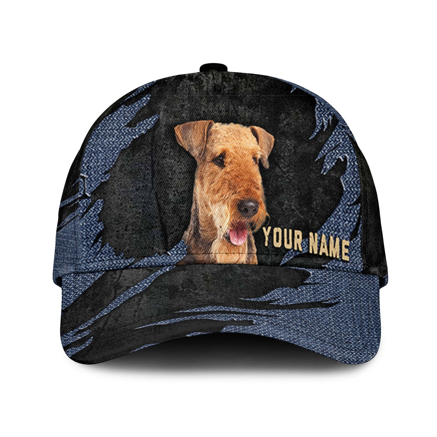 Airedale Terrier - Jean Background Custom Name Cap