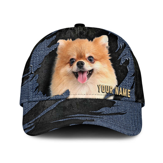 Pomeranian - Jean Background Custom Name Cap