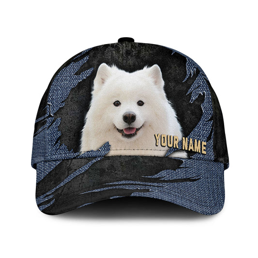 Samoyed - Jean Background Custom Name Cap