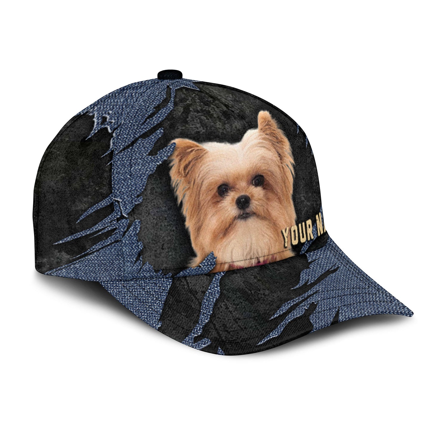 Yorkie Pom - Jean Background Custom Name Cap