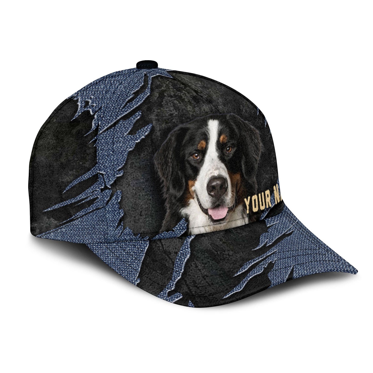 Bernese Mountain Dog - Jean Background Custom Name Cap