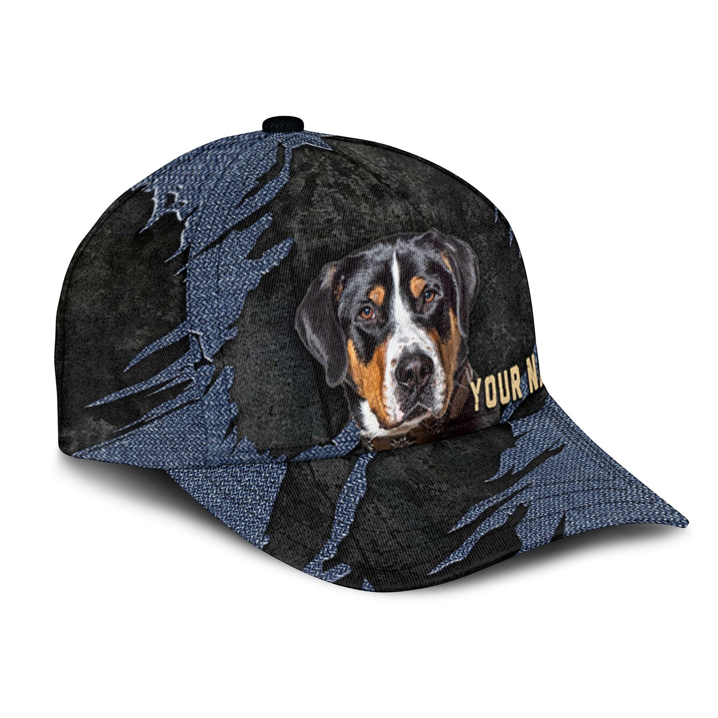 Greater Swiss Mountain Dog - Jean Background Custom Name Cap