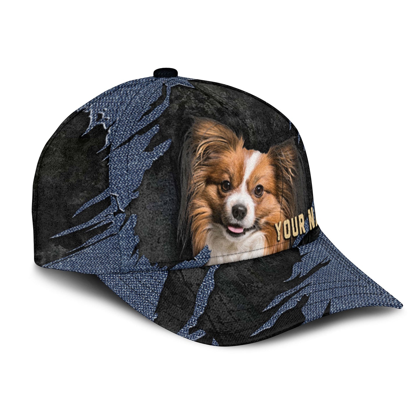 Papillon Dog - Jean Background Custom Name Cap