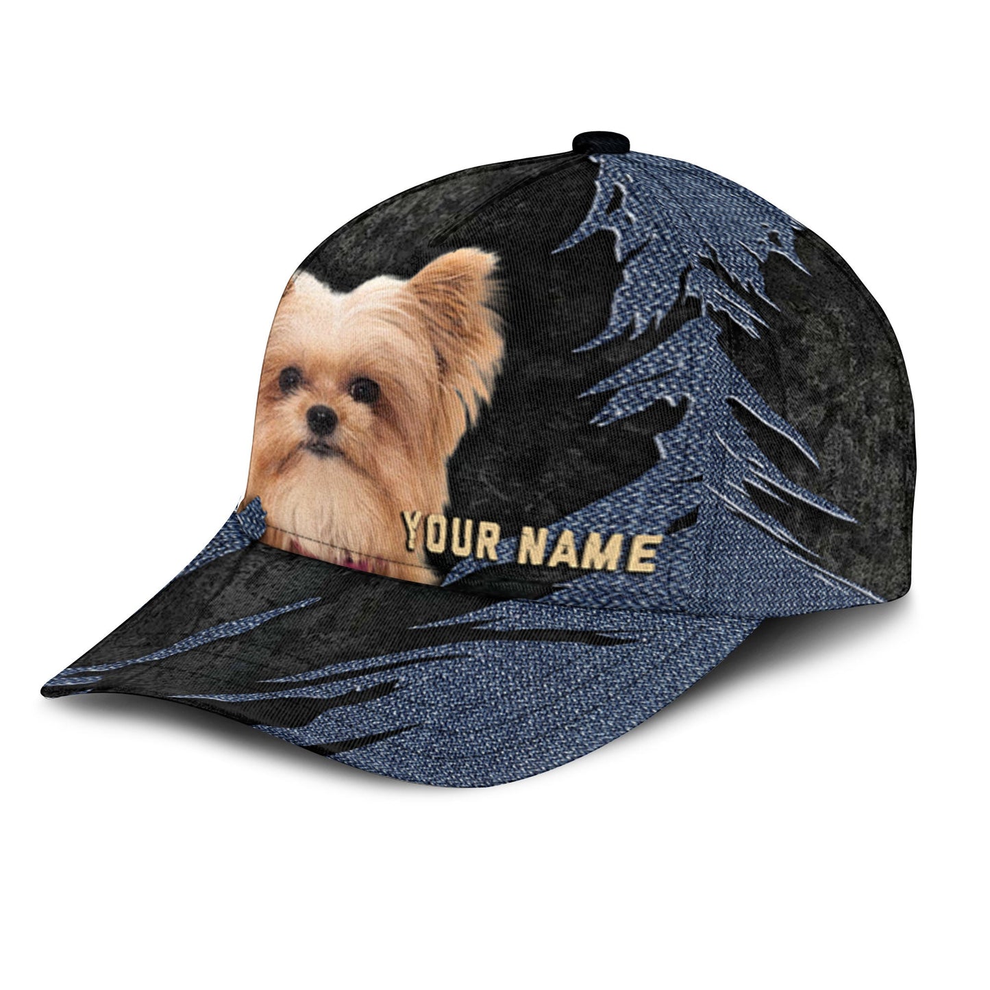 Yorkie Pom - Jean Background Custom Name Cap